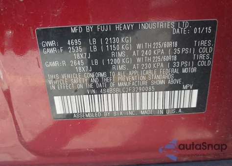 2015 Subaru Outback 2.5I Limited z USA, uszkodzony, nr VIN 4S4BSBLC2F3290085